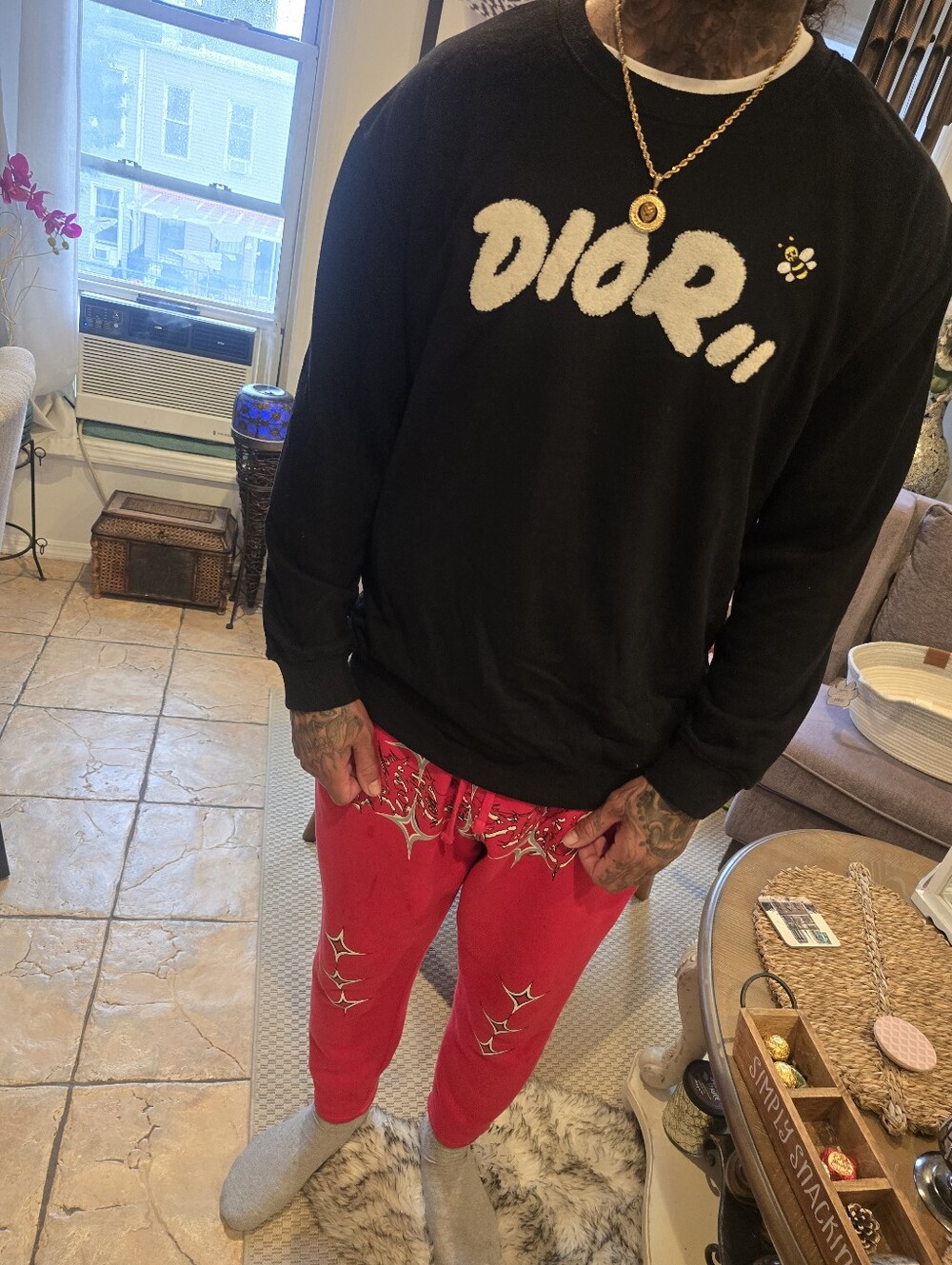 Dior Logo Black Crewneck Sweater with White Script Logo - Men